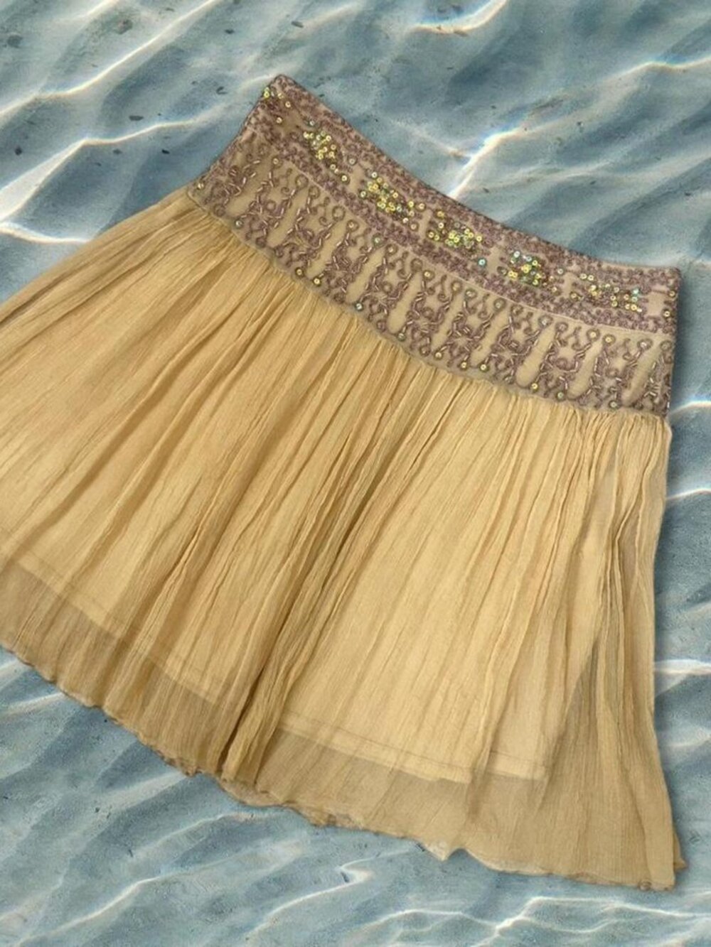 Vintage Y2K euro summer goddess silk gold tan beaded sequin skirt ⭐️ rare boho